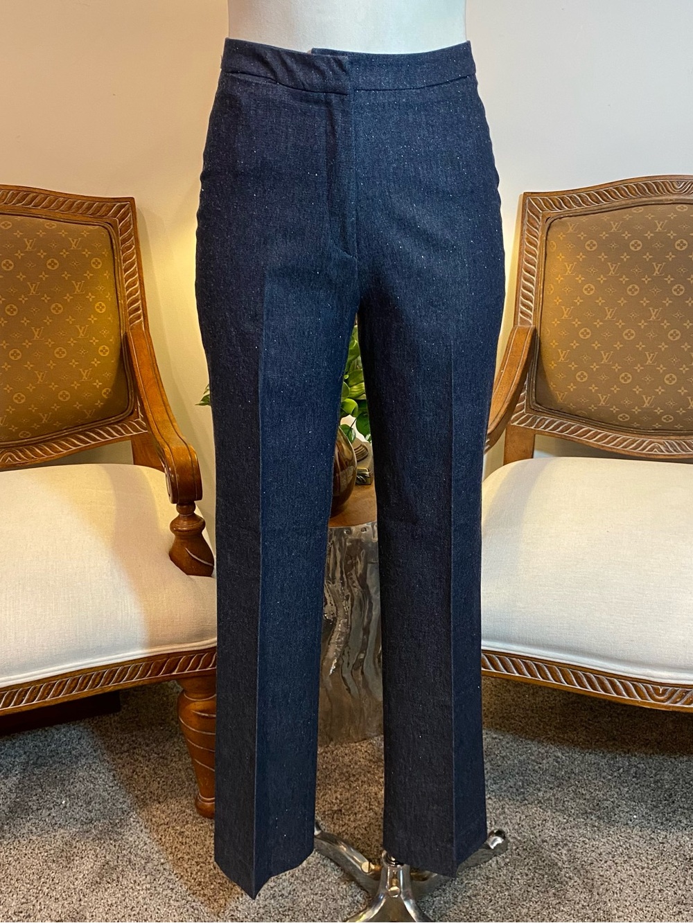 Vintage 90s Tailored Straight-Leg Denim Sparkly Trousers in Dark Navy